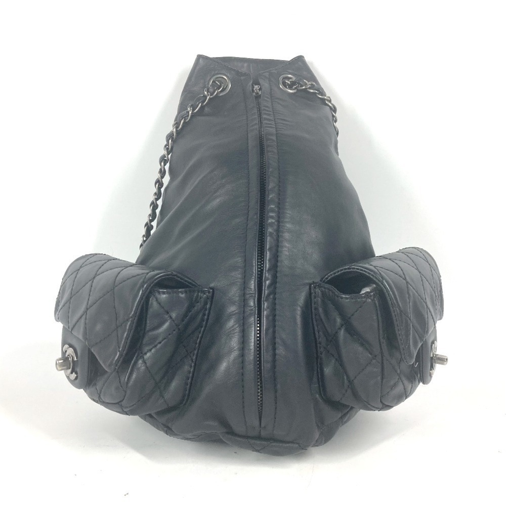 CHANEL Double Pocket Quilted Bag Zipper Chain Backpack Gunmetal Rucksack Leat...